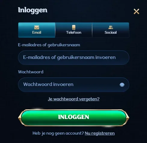 Inlogscherm casino met e-mail en wachtwoordvelden