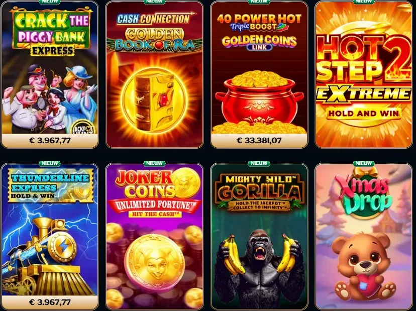 Raster van spelkaarten slots en live casino